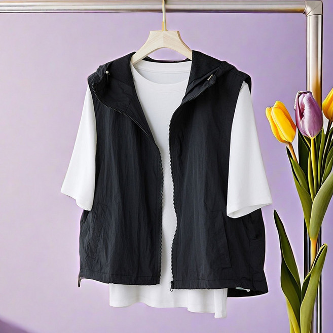 라오농 여성용 데일리 빅사이즈 후드집업 자외선 차단 조끼 바람막이 가디건 베스트