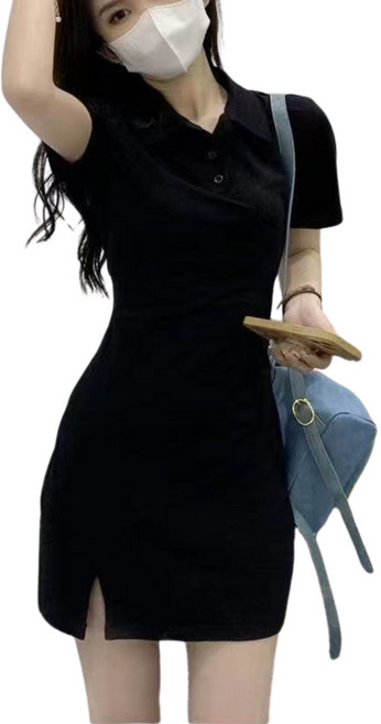 小蘭優購 韓版POLO領短袖連衣裙 時尚修身顯瘦 短裙 女裝, 黑色