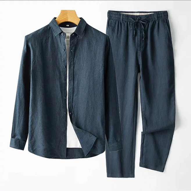 ORZQU 남성 여름 린넨 세트 긴팔 면 마 셔츠 경박통기 투세트