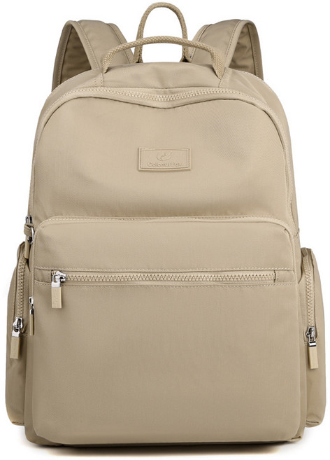 Qulianli Fox 日系純色休閒後背包 尼龍防水雙肩包 大容量電腦書包 輕量旅行包, 卡其色