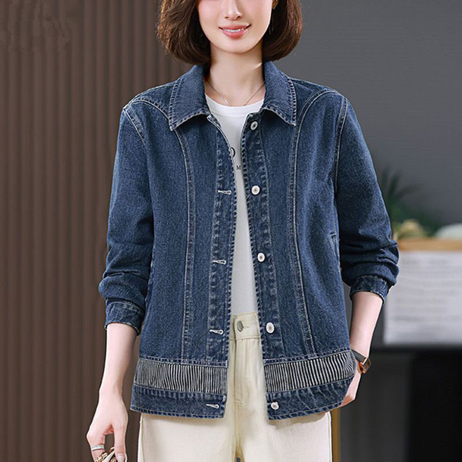 캐주얼 여성 봄가을 중년여성용 데님자켓 슬림핏 카라넥 청자켓 루즈핏 캐주얼 숏재킷 아웃도어