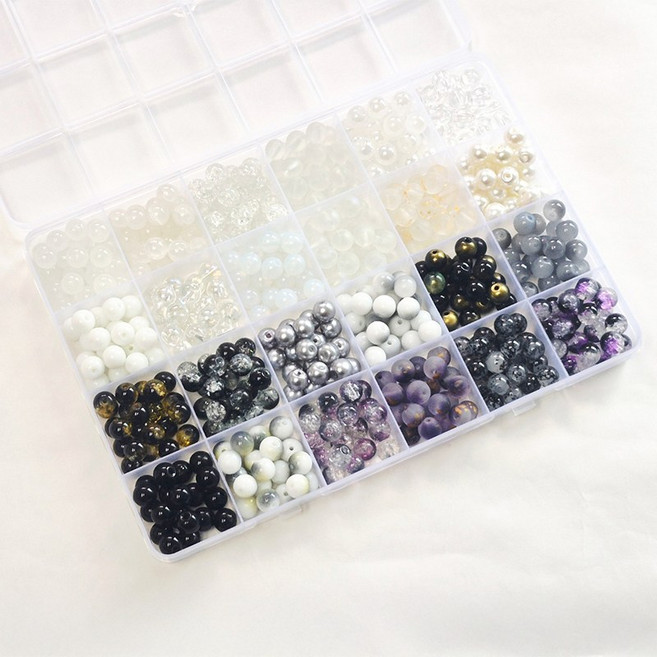 24칸 유리구슬 8mm 혼합구슬 480pcs 크렉무늬 크리스탈, 1개, 24칸 블랙화이트