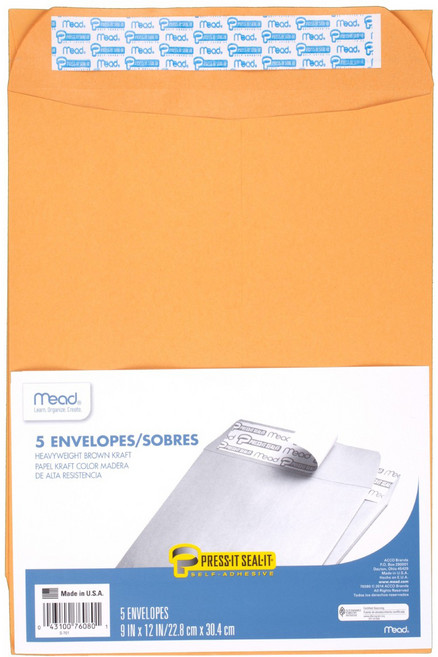 미드 헤비웨이트 브라운 크라프트 인벨로프 서류봉투, 5개입, 22.8x30.4cm