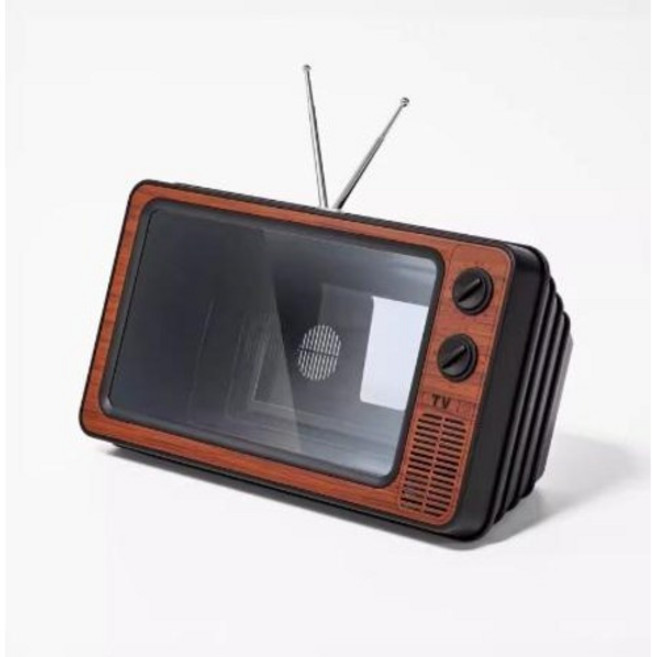 빈티지 레트로 TV형 스마트폰 거치대 확대 스크린 확대경 휴대용 캠핑용, 우드브라운, 1개
