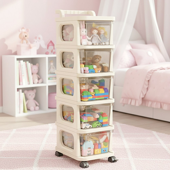 아모란나 이동식 반투명서랍 트롤리 튼튼한 수납 선반, 아이보리, 5단