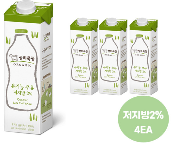 상하목장 유기농우유 저지방2% 후레쉬팩 900ml유기농 인증/냉장 무배, 4개, 900ml