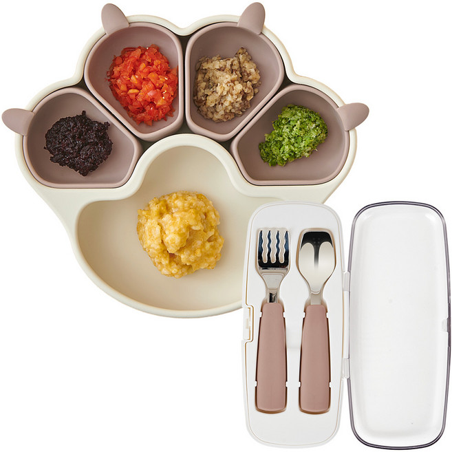 퍼기 냥냥 흡착 식판 + 자기주도 스텐 스푼포크 세트 (+케이스), 브라운, 토프브라운