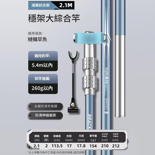 碳素支架伸縮魚竿架 1.7米 湖庫野釣版, 2.1米 湖庫綜合版 防滑羊角『推薦6.3m內魚竿』