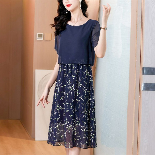 besteffie 원피스 여름 여성용 라운드넥 시스루 쉬폰원피스 망사 롱원피스 패턴 A라인 빅사이즈 반팔원피스 C55