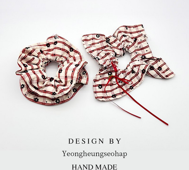 체크무늬 플라워 곱창 머리끈 도트 스크런치 2개세트