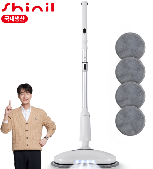 <국산>신일 듀얼 무선 물걸레 청소기/극세사 패드 4P 증정/LED 라이팅/배터리 잔량표시, 화이트