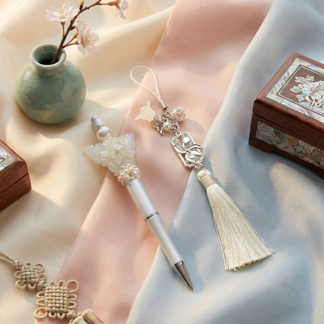 비바블룸_한국 전통공예 나비 꽃 노리개 볼펜 [행운기원 액막이 자손번창 기원 외국인선물 한국기념품 한국적인기념품], 1개, 백색 나비 노리개