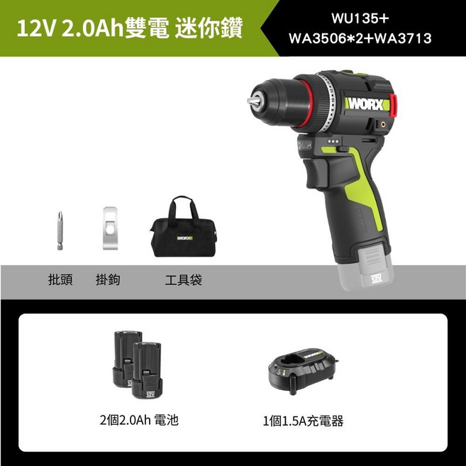 WORX WU135 無刷夾頭電鑽 鋰電起子機, 1個, 裸機+2*2.0Ah+1.5A+批頭