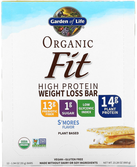 Garden of Life 오가닉 핏 하이 프로틴 웨이트 로스 바 Smores 바 12개입 각 55g(1.94oz) 1팩, 1개, 55g