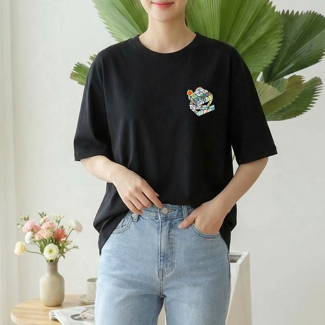 스타일아유 여성 컬러 큐브 프린팅 오버핏 반팔티 고중량 240g 컴팩트 면100% 레터링 라운드 루즈핏 티셔츠 면티 롱티셔츠 2026 여름신상 TS3953