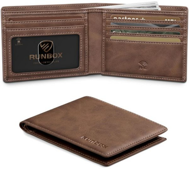 RUNBOX 맨즈 지갑 슬림 가죽 이중폴드 RFID 차단 미니멀리스트 프론트 포켓 디자인 기프트 박스 포함