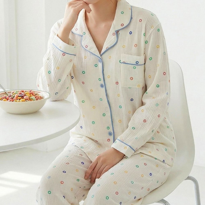 바이로이 여성 봄 여름 가을 소프트 홈웨어 긴팔 잠옷 상하의 세트