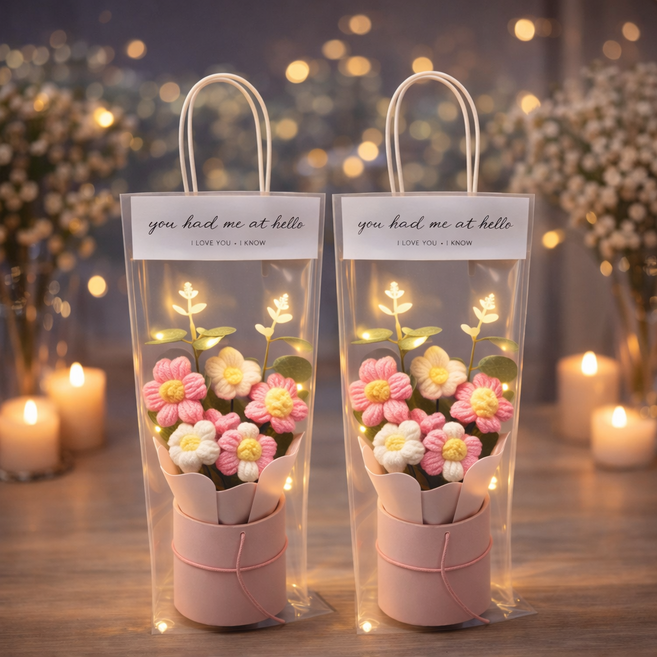 잇츠K LED 니트 꽃다발 선물세트 투명 쇼핑백 포함 감성 꽃선물 기념일 선물 2개, 핑크