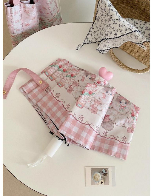 핑크하트코 베이비돌 고양이 3단 우산 접이식 암막코팅 자외선차단