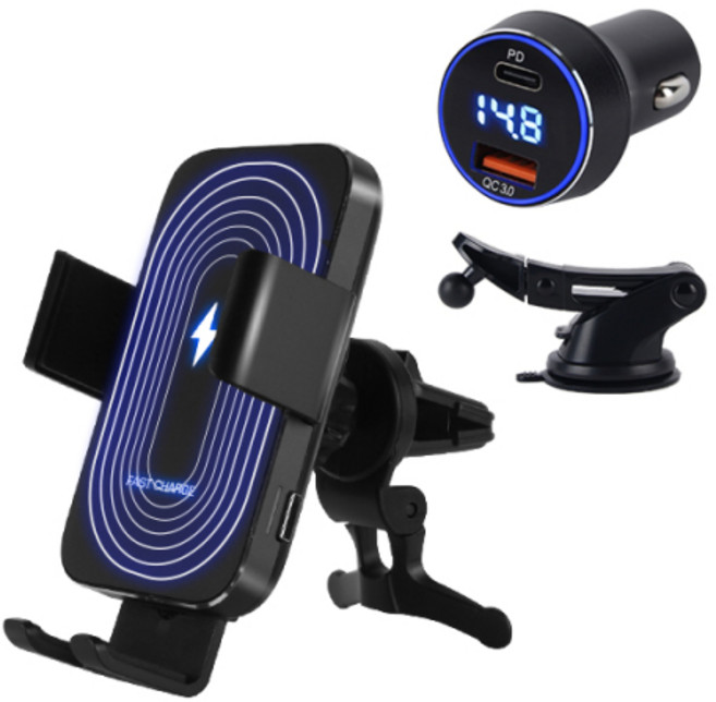포세이드 차량용 고속 무선 충전 거치대 + 시거잭 세트, 블랙, 1세트