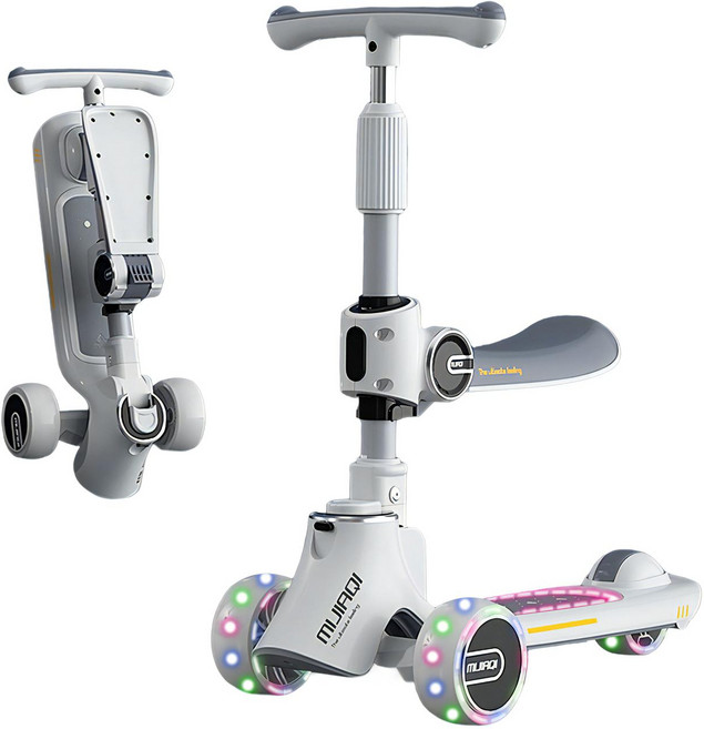 삼림늑대 유아 킥보드 세발 + 불빛 + 음악 돌아기 접이식 손잡이 높이 조절 가능 1-12세 적합, 흰색, 1개