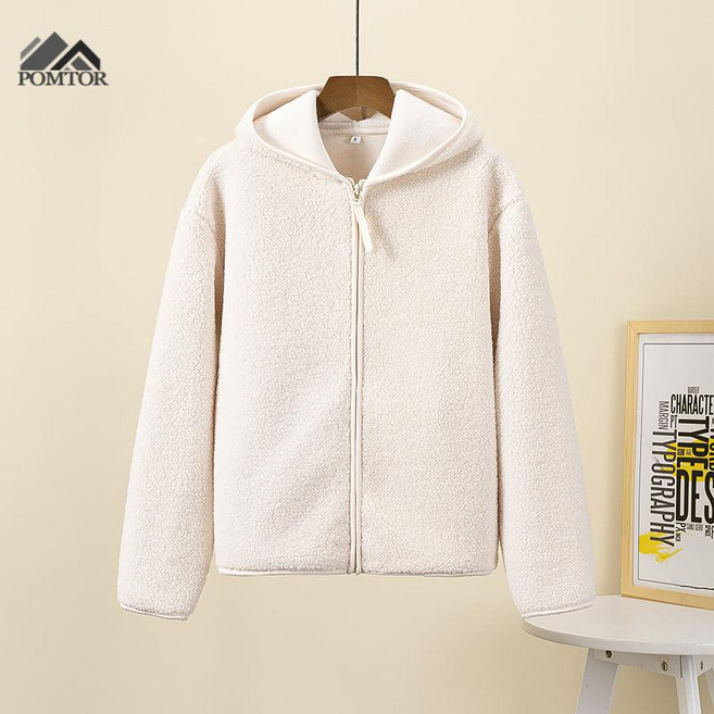 POMTOR 겨울 여성용 후드 달라붙는 플리스 플리스 안감 점퍼