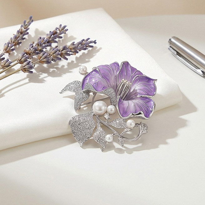 퍼플 에나멜 꽃 진주 브로치 고급스러운 실버 정장 코트 브로치