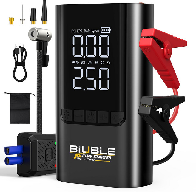 BIUBLE 3000A 자동차 점프스타터 에어펌프 보조배터리 자동차 밧데리 충전기 12V 스마트 점프케이블, 1개, 8000mAh