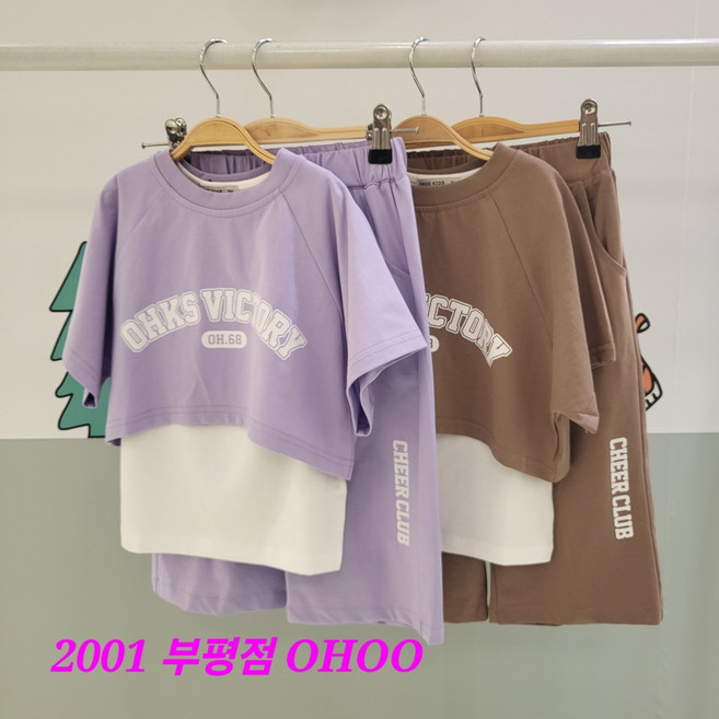 오후 부평점 트랜디한 디자인##여아 친구들 인기템##크롭티+나시+5부 반바지 3PCS 상하셋업