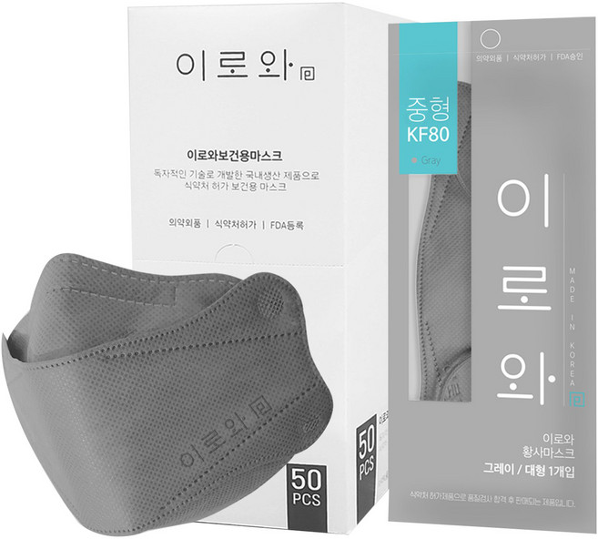 이로와 황사마스크 중형 KF80, 50매입, 1개, 그레이