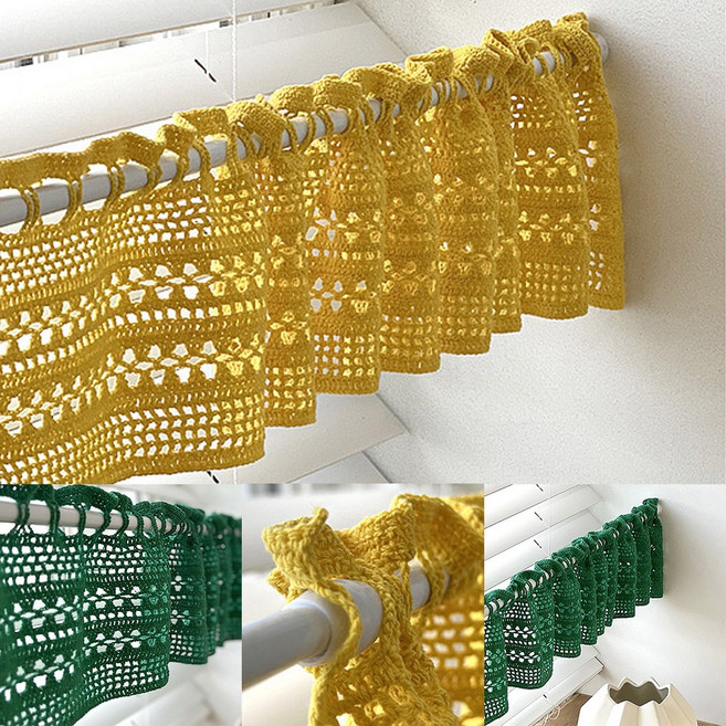 리틀하우스마켓 옐로 뜨개 바란스 비비드 레이스 주방 패브릭 가리개 부엌 창문 커튼 가림막