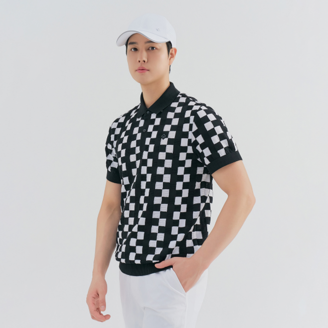 레노마골프 공식 남성 체크 패턴 요꼬 카라 반팔 니트 RMSPN2202-199