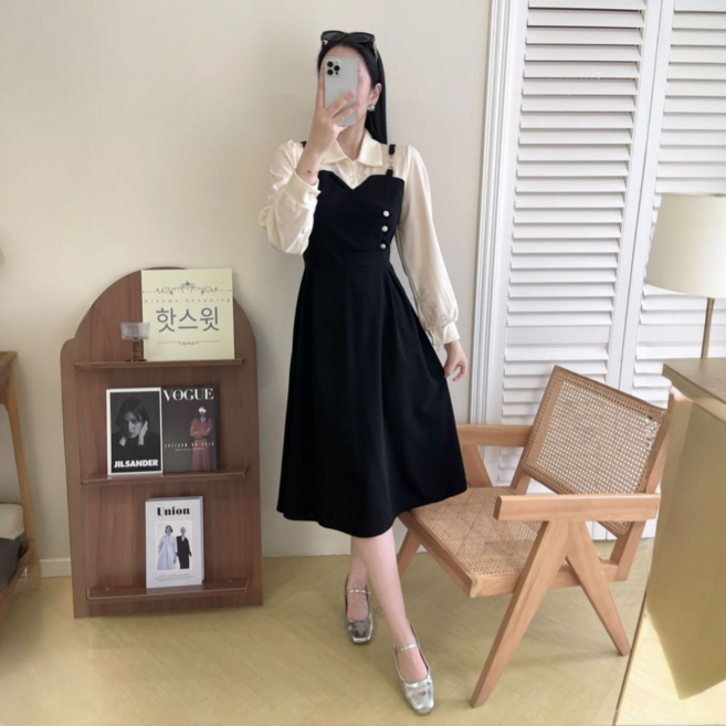 핫스윗 상하의 일체형 카라 긴팔 슬림 미디 원피스 스몰부터 빅사이즈까지