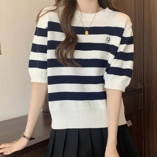 MIREA 여성 반팔 니트 라운드넥 스트라이프 배색 봄여름 상의 DTX04