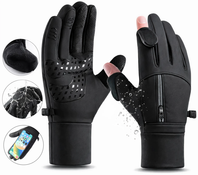 리프드랍 바이크 플립형 스마트폰 터치 기모 오픈핑거 방한 오토바이 장갑, 블랙