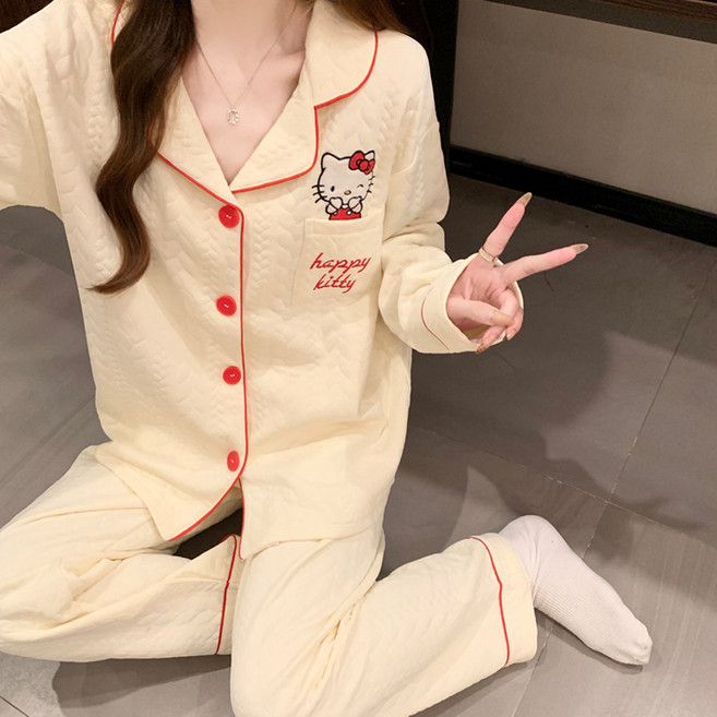 LOVEND 귀여운 키티 파자마 여성용 가을겨울 보온 에어쿠션 두꺼운 레이어드 홈웨어