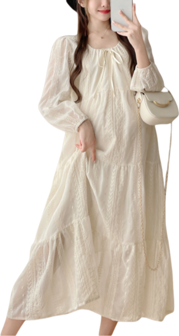 Makone 여성 봄 가을 레이스 라운드넥 롱 원피스
