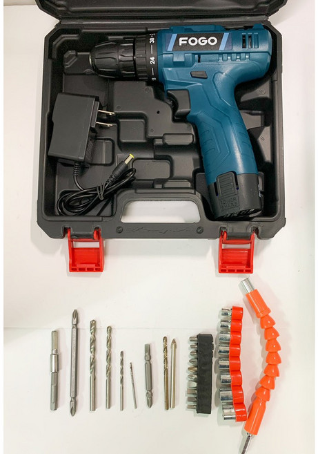 FOGO 12V 鋰電電鑽 雙速正反轉, 1個, 黑色 12V塑盒工具組_雙電池