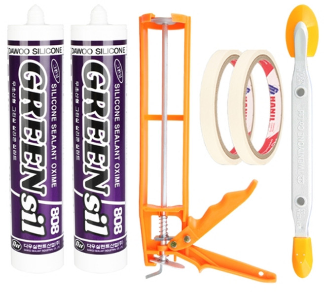 한신케미칼 다우 무초산 그린실808 백색 실리콘+플라스틱건+헤라+마스킹테이프, 1세트