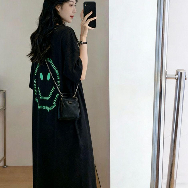 純棉恤裙/u3000寬鬆中長款/u3000連衣裙, 黑色-印花-純棉,2XL 150-170, 黑色-印花