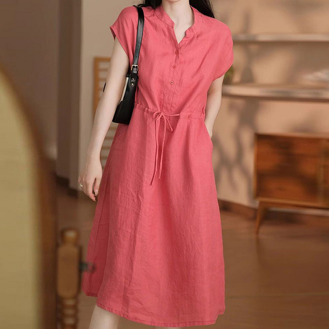ORZQU 여름 여성 캐주얼 솔리드 브이넥 반팔 셔츠 원피스 끈 허리 조임 미디 스커트 데일리 바캉스룩