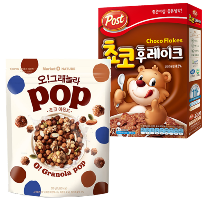 오리온 오그래놀라 팝 초코아몬드 370g+포스트 쵸코후레이크 300g, 370g