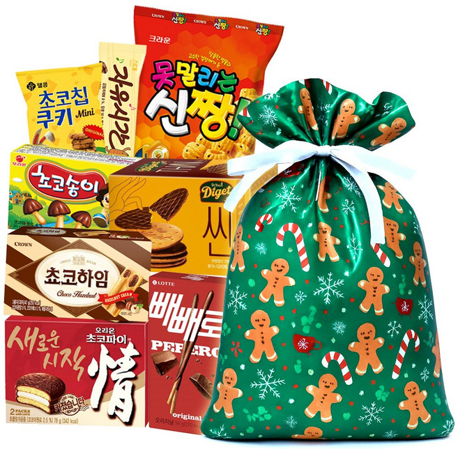 [냠냠상회] 신짱+자유시간+미니초키칩쿠키+다이제씬+초코송이+쵸코하임+미니 초코파이+빼빼로 과자 간식 선물세트 주머니, 1세트, 8p