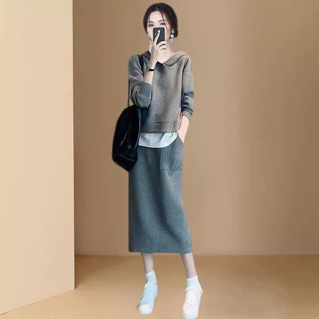 빅사이즈 여성 봄 가을 패션 후드티 빅포켓 밴딩 미디 롱 스커트 치마 캐주얼 트레이닝 츄리닝 세트 M~4XL