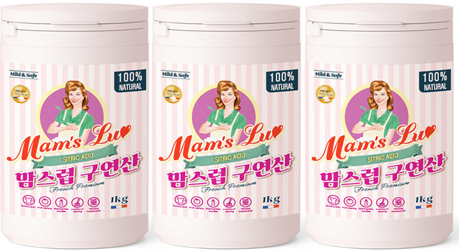 맘스럽 (초특가) 구연산 1kg x 3통 프리미엄 용기형 1등급 천연세제 세탁세제 세정제 세제는 맘스럽 입니다, 3개