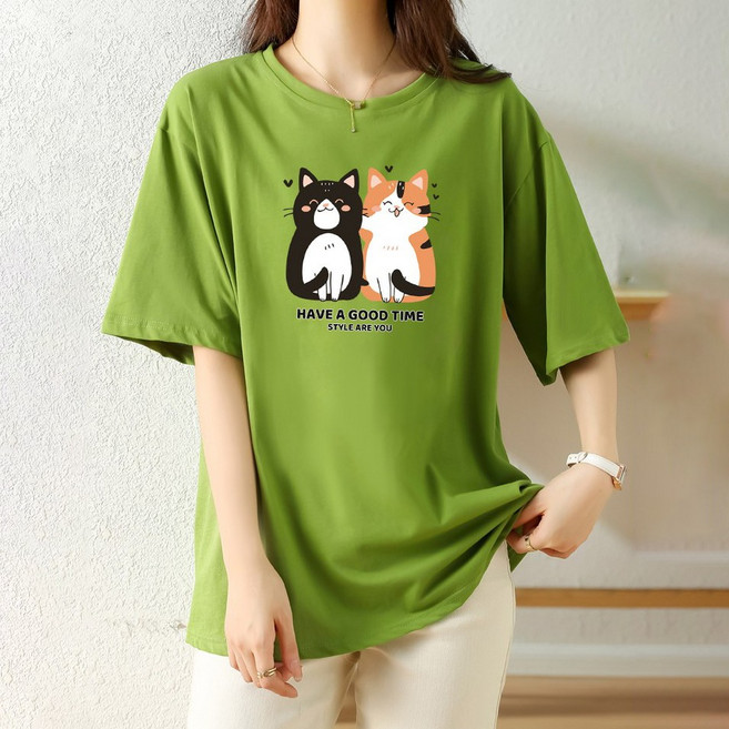 스타일아유 귀여운 고양이 예쁜 편한 여성용 반팔 박스 캐주얼 티셔츠 TS2539