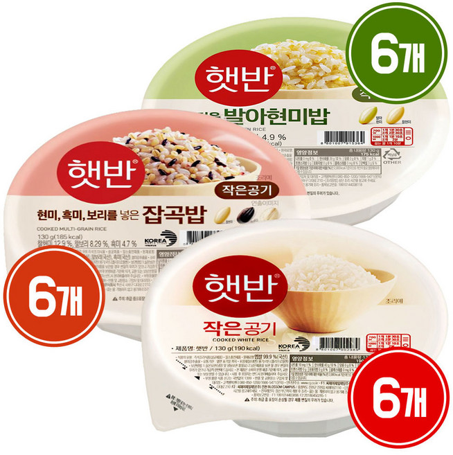 CJ 건강 햇반 작은공기 3종 혼합 ( 백미 + 잡곡 + 발아현미 ) 즉석밥 캠핑 음식 130g, 18개