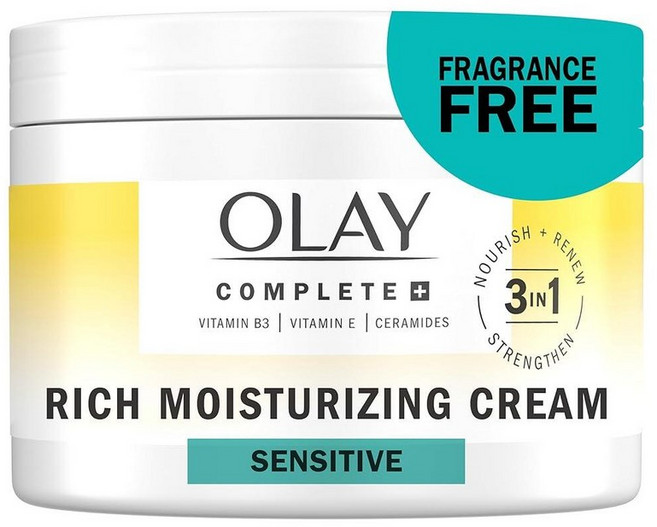Olay 페이스 모이스처라이저 Complete+ 리치 모이스처라이징 크림 - 무향 건조하고 민감한 피부에 순함 강화 영양 재생을 위한 3-in-1 하이드레이팅 나이아신, 1개