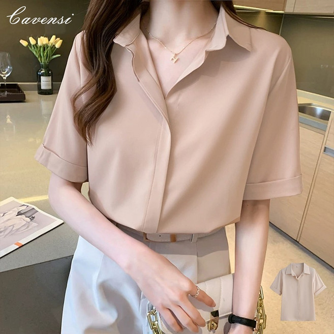 Cavensi 女款短袖雪紡襯衫 歐膩日常反摺袖上班OL襯衫 杏色 S-4XL