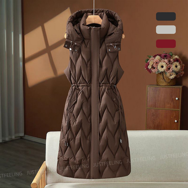 JUSTFEELING 후드집업 허리스트링 패딩조끼 중년여성 아우터 롱패딩조끼 따뜻한 넉넉한 충전재 민소매 패딩코트 아가일 누빔패딩 조끼 베스트
